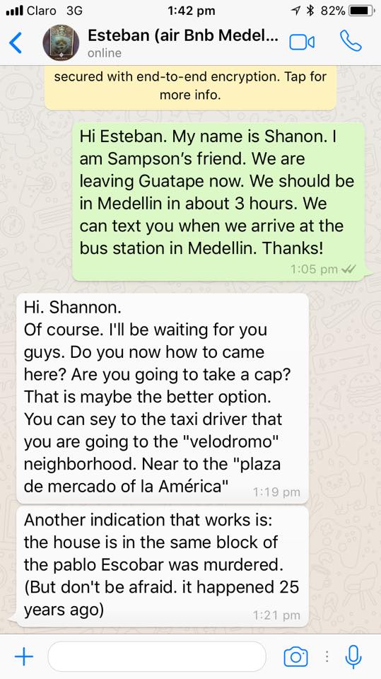 Screenshot of Whatsapp Coversation with Airbnb host about Pablo Escobar